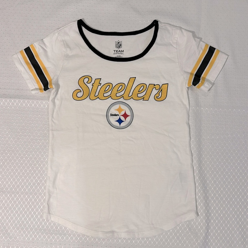 🏈 Steelers NFL Team Apparel Glittery Gold letters, striped sleeves, EUC, Sz 8-10